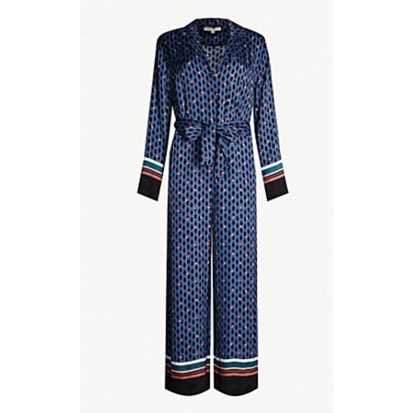 Maje Boho print silky Wide Leg Jumpsuit Blue Black L - Picture 2 of 10